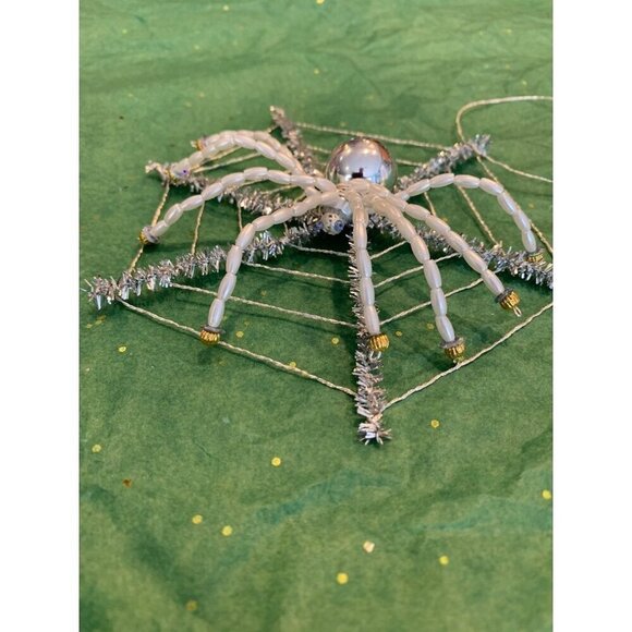 Christmas Spider Ornament 5 in Handcrafted Beaded Holiday Festive Gift Silver - Picture 1 of 11